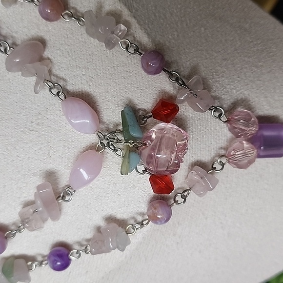 Silver Natural Stone Pink Quartz Glass Acrylic Bead Necklace Earrings Set - Picture 7 of 11